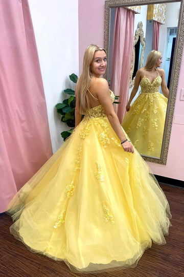 Yellow tulle lace long prom dress A line evening dress HZ1023
